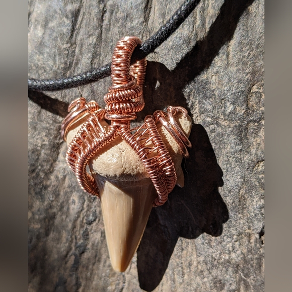 Hand Crafted Jewelry - Hand Crafted Shark Tooth Pendant Black Choker Necklace Metallic Copper Weave